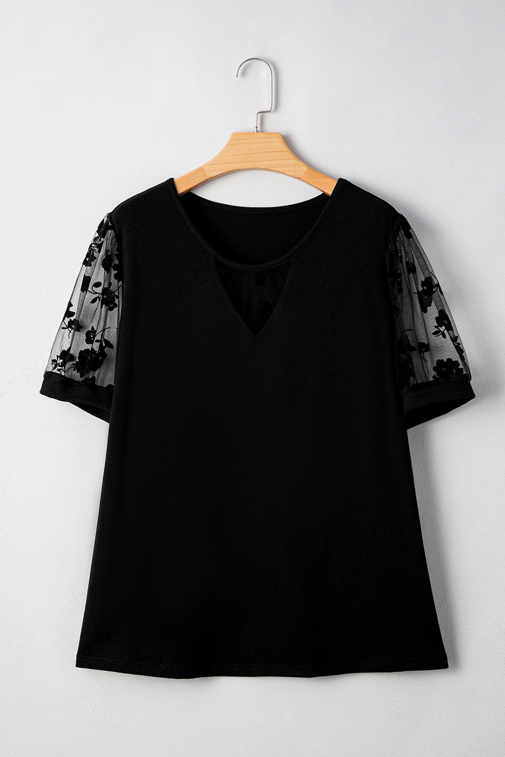 Black Plus Size Floral Mesh Patchwork Loose V Neck T Shirt
