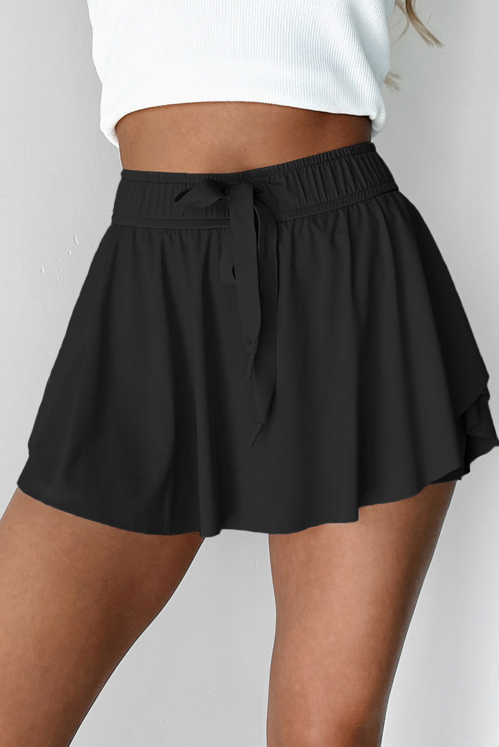 Black Drawstring High Waist Lined Tennis Skort