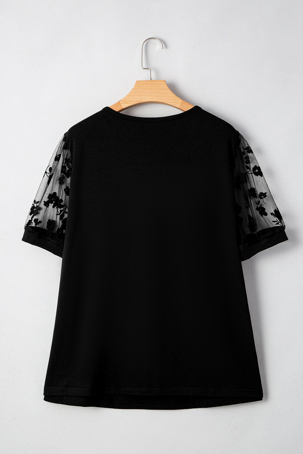 Black Plus Size Floral Mesh Patchwork Loose V Neck T Shirt