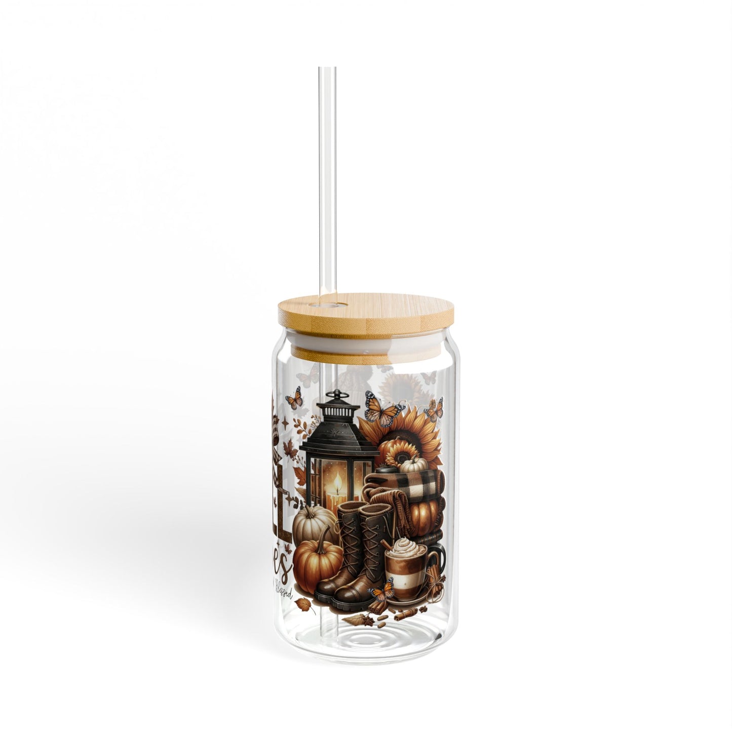 Fall Vibes Sipper Glass, 16oz | Autumn Drinkware, Seasonal Gifts, Farmhouse Decor, Pumpkin Lover's Accessory, Eco-Friendly Container