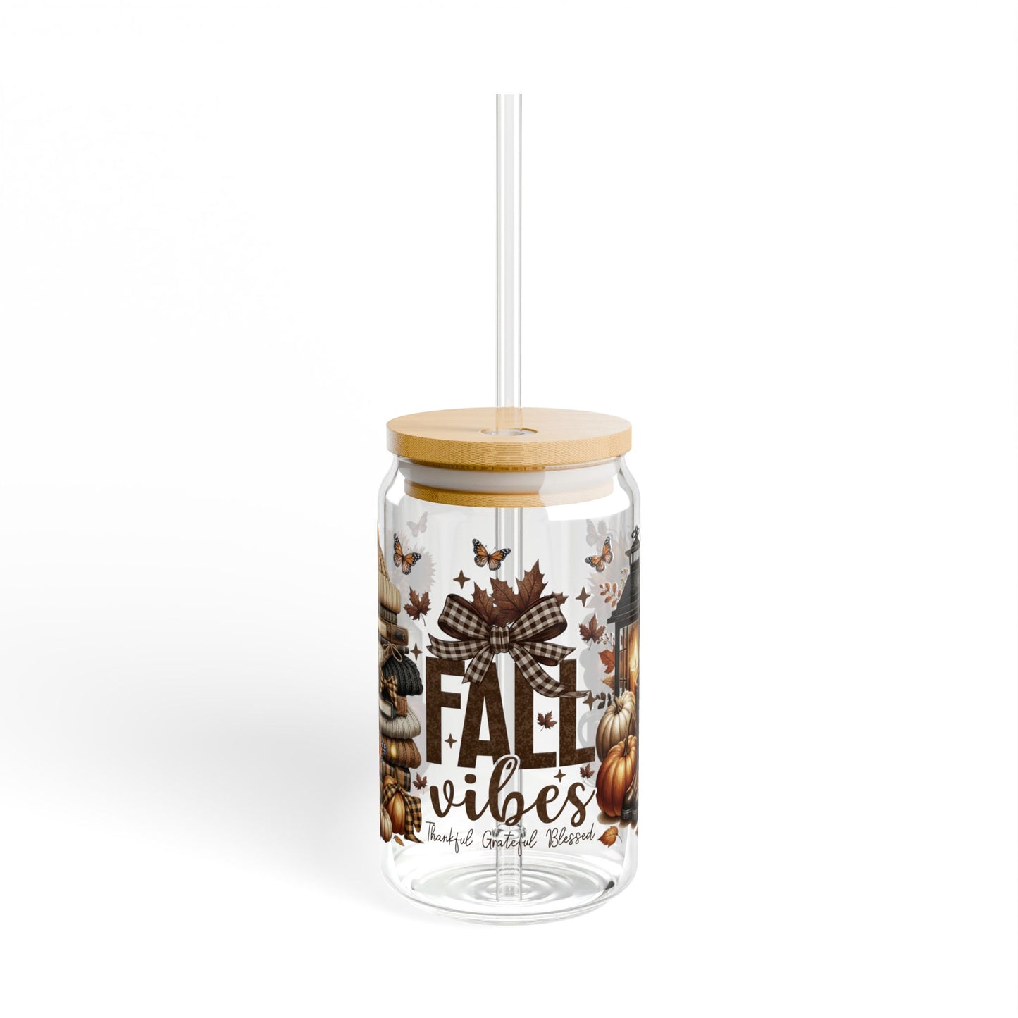 Fall Vibes Sipper Glass, 16oz | Autumn Drinkware, Seasonal Gifts, Farmhouse Decor, Pumpkin Lover's Accessory, Eco-Friendly Container
