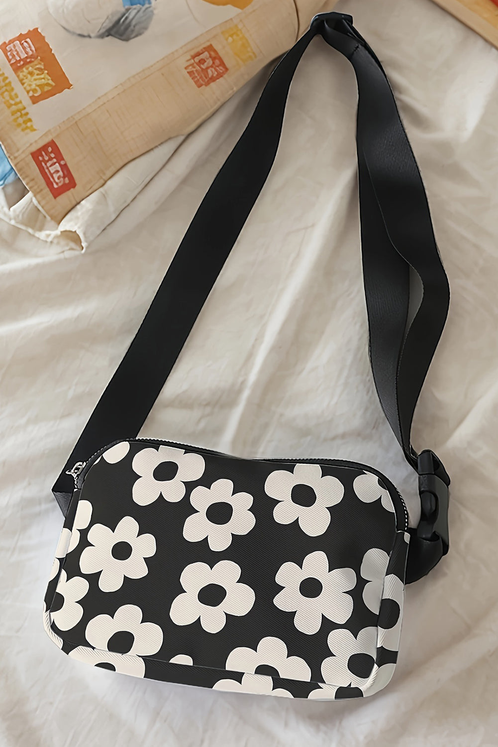 Black Floral Print Adjustable Strap Crossbody Bag