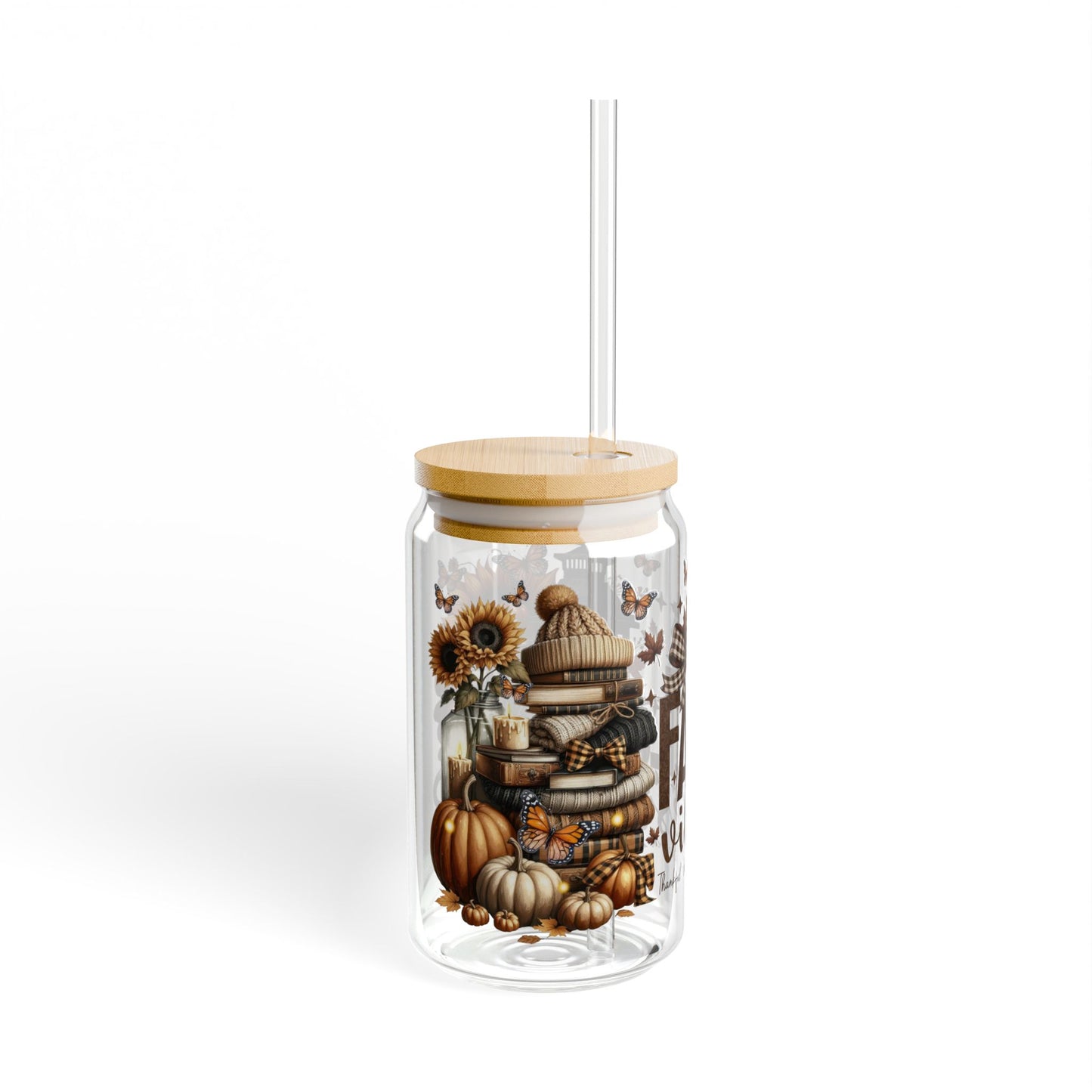 Fall Vibes Sipper Glass, 16oz | Autumn Drinkware, Seasonal Gifts, Farmhouse Decor, Pumpkin Lover's Accessory, Eco-Friendly Container