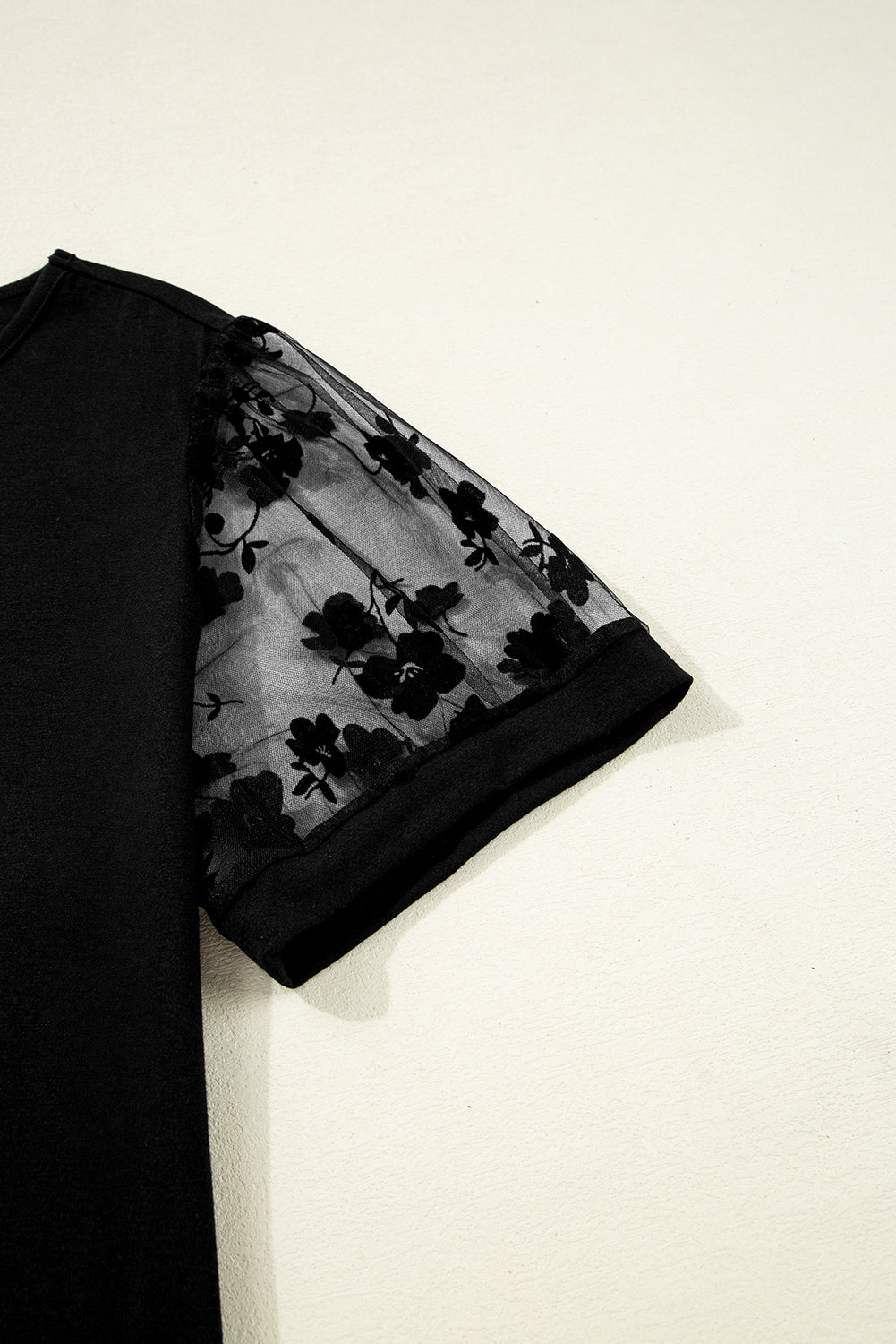 Black Plus Size Floral Mesh Patchwork Loose V Neck T Shirt