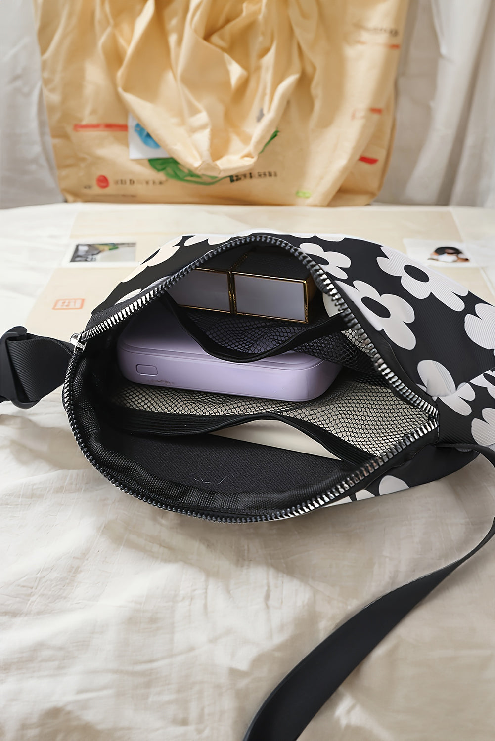 Black Floral Print Adjustable Strap Crossbody Bag