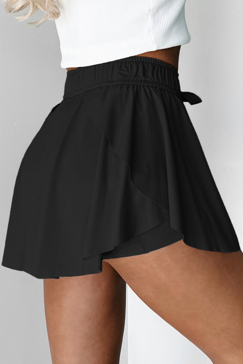 Black Drawstring High Waist Lined Tennis Skort