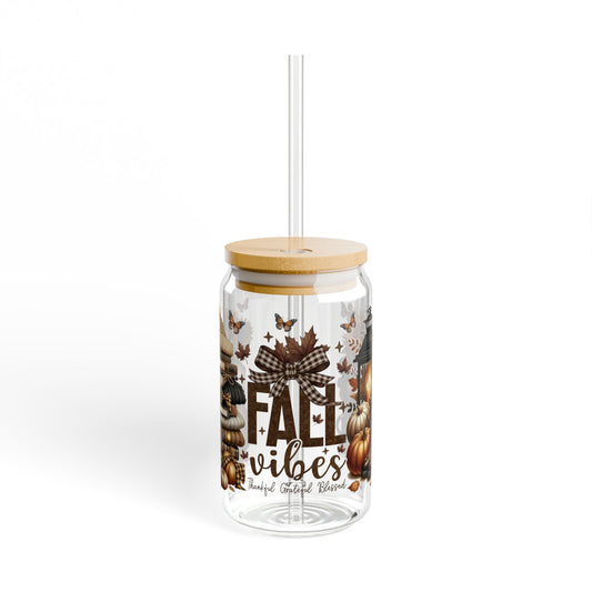 Fall Vibes Sipper Glass, 16oz | Autumn Drinkware, Seasonal Gifts, Farmhouse Decor, Pumpkin Lover's Accessory, Eco-Friendly Container