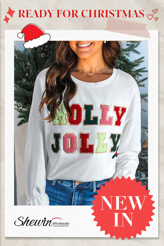 White Cream Collage Letter Christmas Pullover Sweatshirt